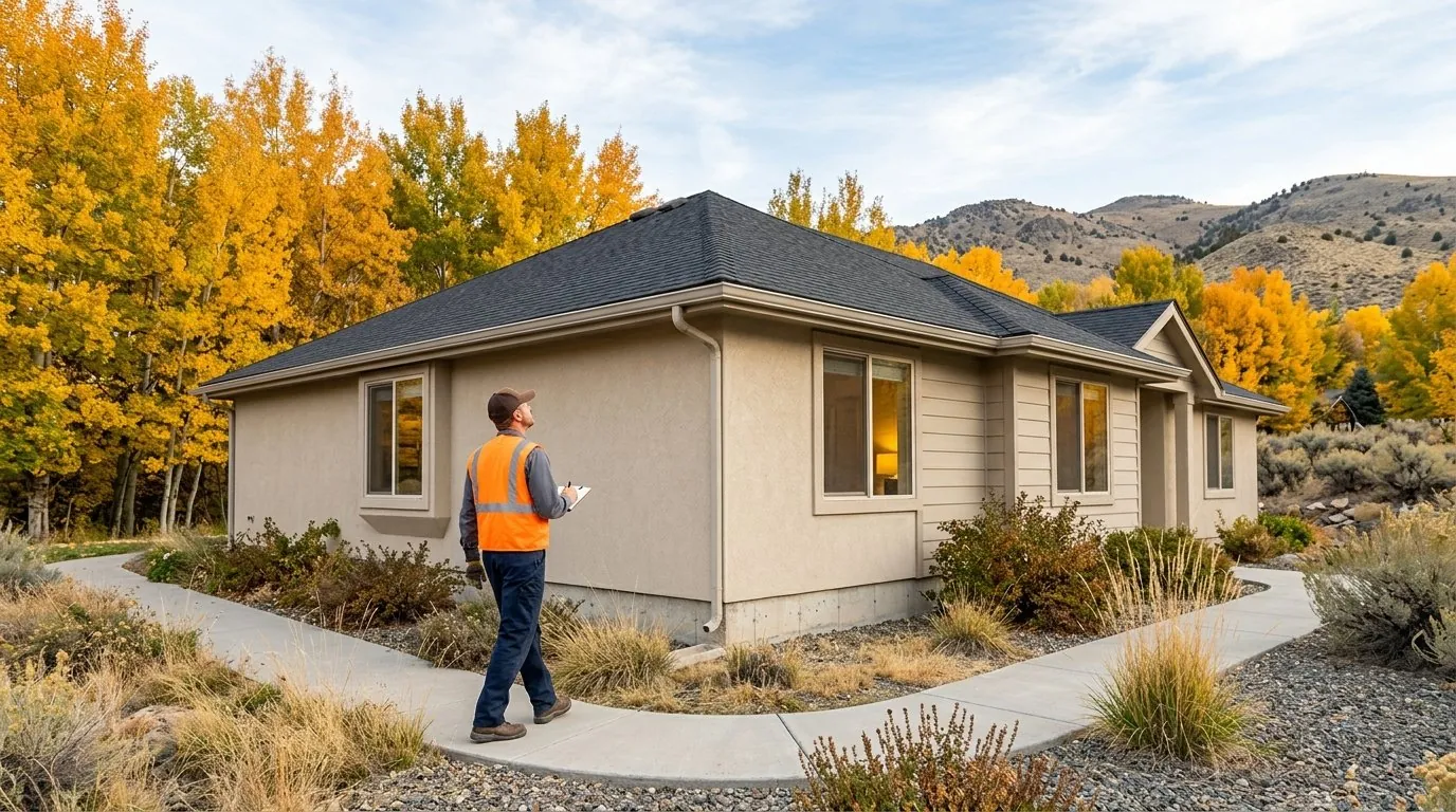 A home inspector in an orange high-visibility vest and cap stands on the front path of a single-storey stucco house, clipboard in hand, looking up at the roofline. Golden autumn aspens and dry sagebrush hills rise behind the house.