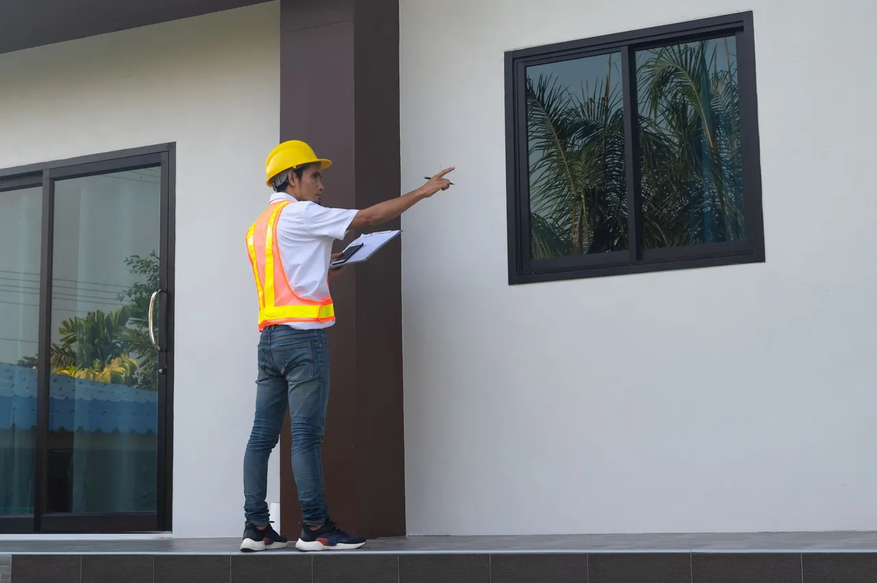 A man wearing a hard hat and safety vest is pointing at a window.