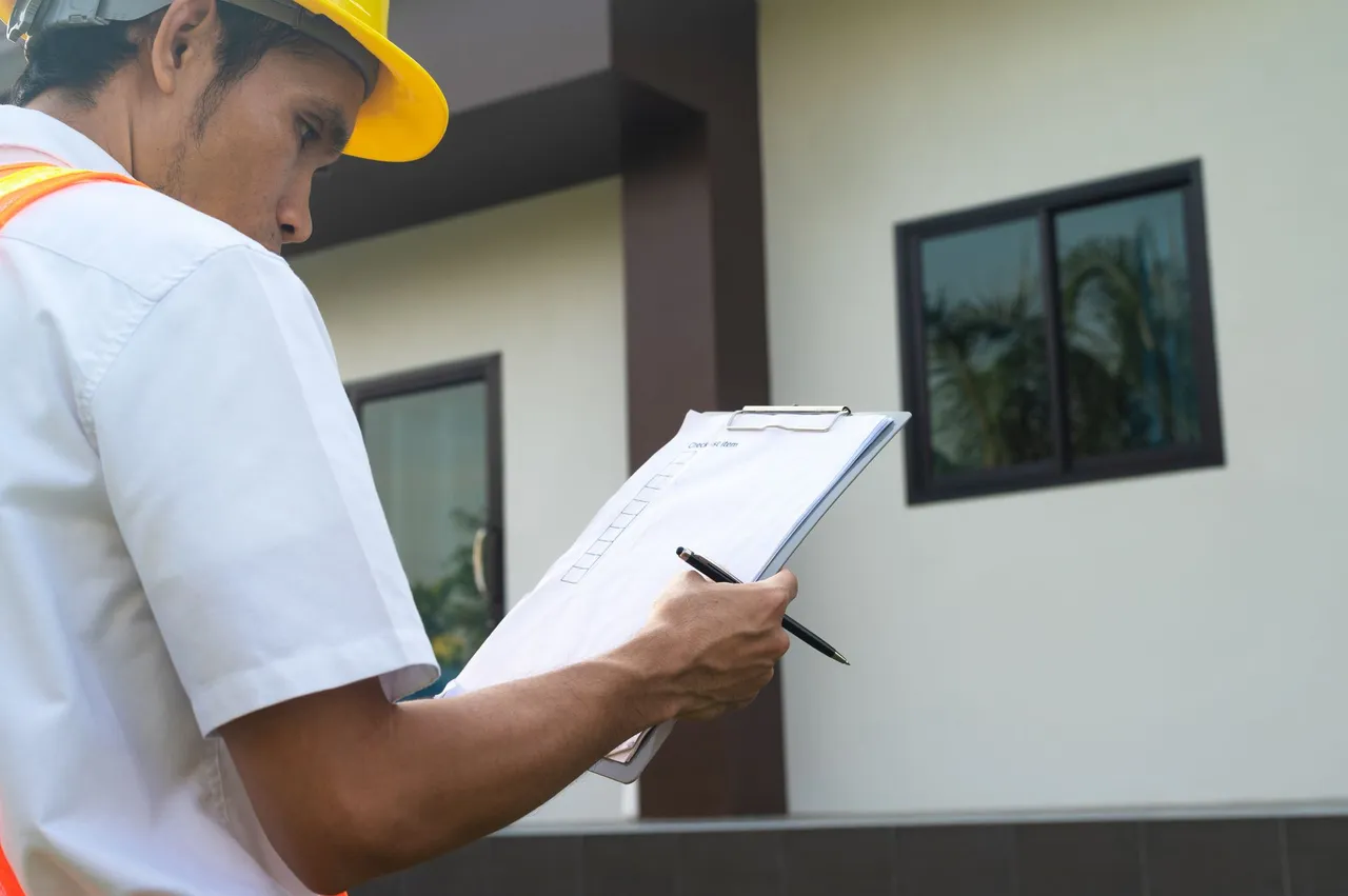 A man wearing a hard hat and safety vest is looking at a clipboard.
